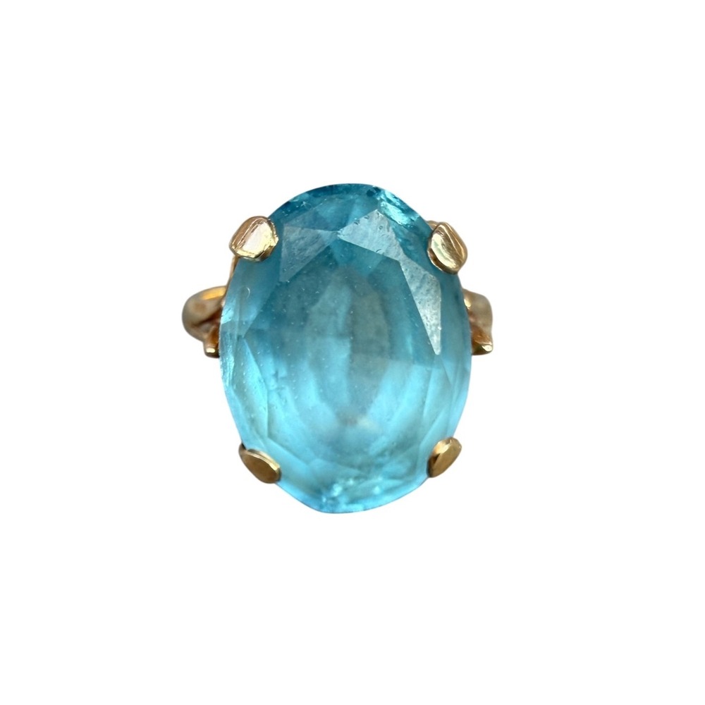 Cocktail Ring Womens 7.75 Blue Gold Vintage 14K Oval Statement